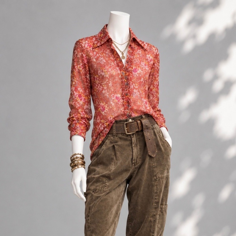Alix of Bohemia Dolly Sunset Ember Shirt XS Red Floral Sheer Boho Blouse